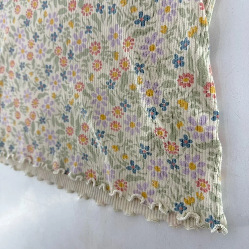 Cat & Jack Ditzy Floral Ribbed Knit Top Girls‎ Short Sleeve Beige Shirt L 10/12